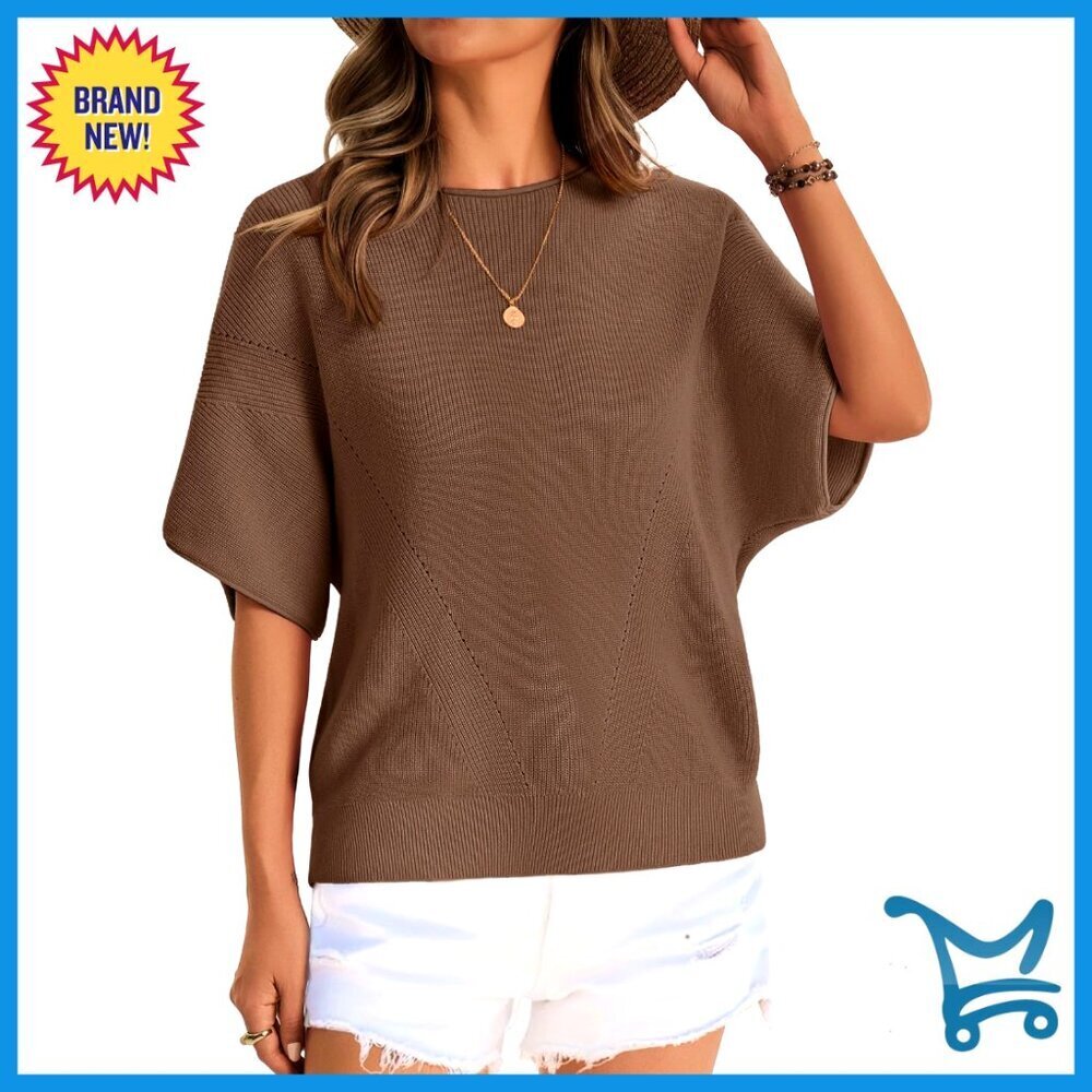 Crochet Knit Batwing Sleeve Sweater Top Loose Fit Casual Summer Pullover T-Shirt